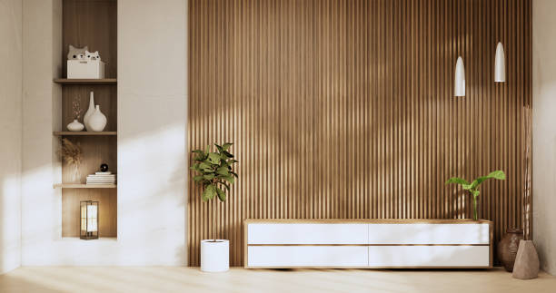 istock Architecture and interior concept Empty room and wood panels wall background 3D illustration rendering 1422587950