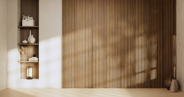 istock Architecture and interior concept Empty room and wood panels wall background 3D illustration rendering 1422587956