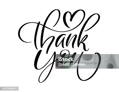 istock Hand drawn vintage vector text Thank you and heart. Calligraphy lettering illustration for wedding, Thanksgiving Day, greeting card, tag. Isolated on white background 1422588592