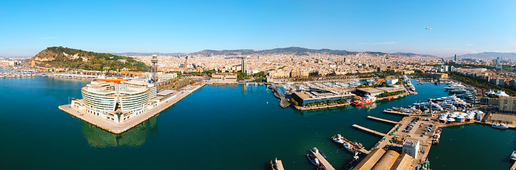 Aerial view of Barceloneta with Port Vell in Barcelona Spain