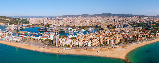 Aerial view of Barceloneta with Port Vell in Barcelona Spain