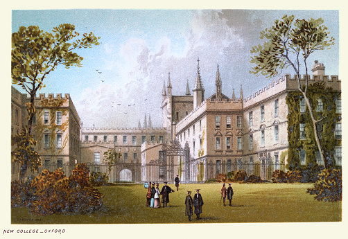 Vintage illustration of New College, Oxford, England, History English architecture, historic landmarks, 19th Century