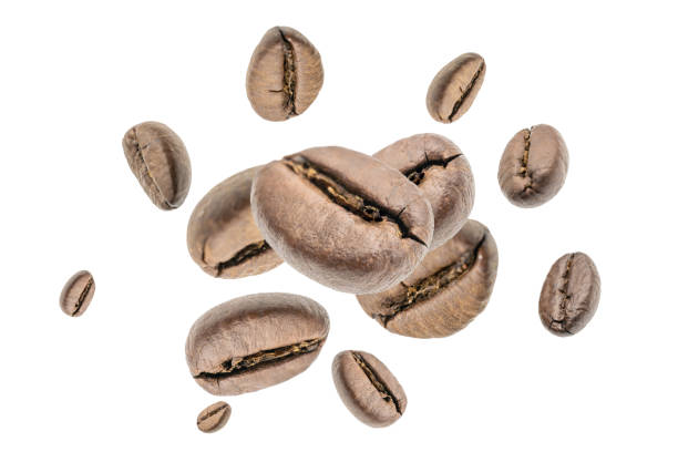 istock Coffee beans falling background. Black espresso coffee bean flying. Aromatic grain fall isolated on white. Represent breakfast for energy and freshness concept. 1422597714
