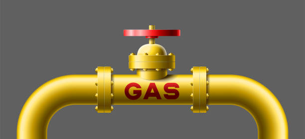 istock Yellow pipeline with big valve and red text gas on pipe vector illustration isolated 1422598337