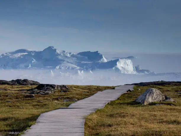 Photo of Hiking to the mouth of the Icefjord glacier (Sermeq Kujalleq), one of the fastest and most active glaciers in the world. A UNESCO world heritage site, Disko Bay, Ilulissat, Greenland