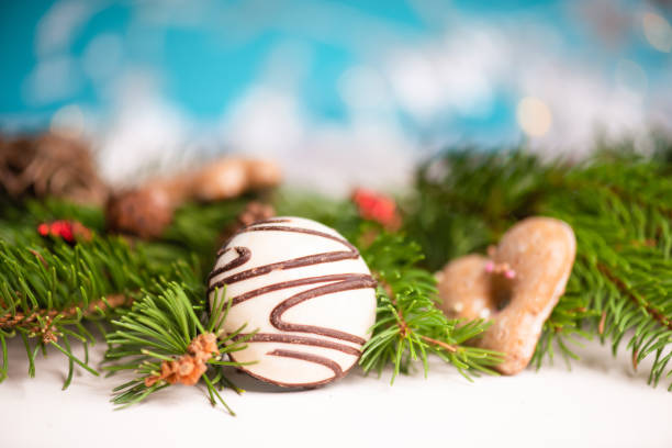 mistura de gengibre nurnberg elisen, doces tradicionais de natal alemães com galhos de abetos e pinheiros, fundo de natal com espaço de cópia - biscuit cookie cake variation - fotografias e filmes do acervo