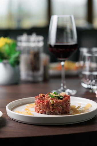 FRENCH STEAK TARTARE, raw meat dish, Gourmet food photography