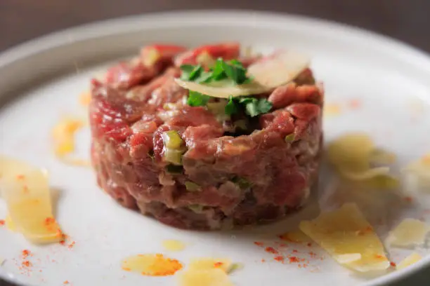 FRENCH STEAK TARTARE, raw meat dish, Gourmet food photography