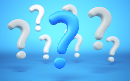 3D rendering Blue Question Mark stands out from White Question Marks (Depth of Field)