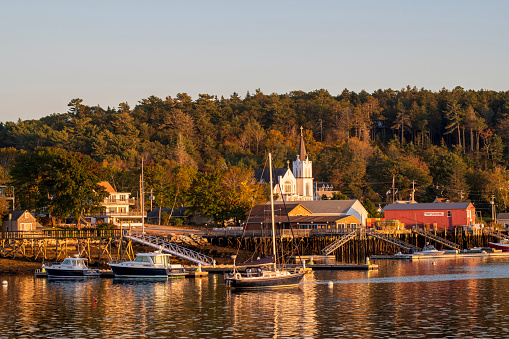 Boothbay Harbor, USA - October 7, 2021. Marina at Sunset, Boothbay Harbor, Maine, USA