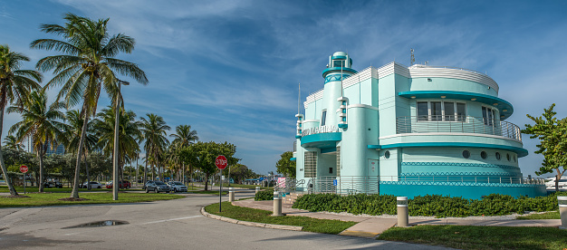 Sunny Isles, Florida, USA - September 9, 2022: Calm sunny morning at the Bill Bird Marina building in Haulover Public Park next to Sunny Isles Beach in Miami, Florida