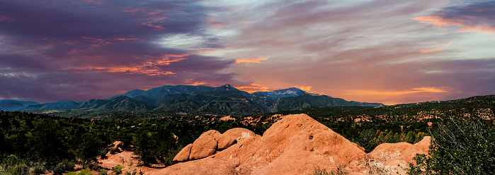 Sunset over Pikes Peak and the colors of the landscape explode from the Garden of the Gods and throughout the valley with extraordinary rock formations of red and orange color.