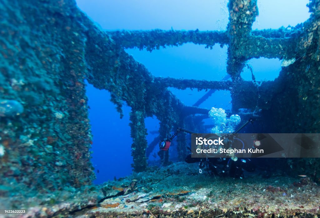 Shipwreck Vassilios Komiza, Vis Island, Croatia on September 2, 2017:  deck structure of the Vassilios cargo steam ship which sank in 1939 Adventure Stock Photo