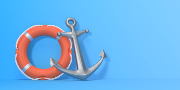istock Anchor and lifebuoy on a blue background 1422625236