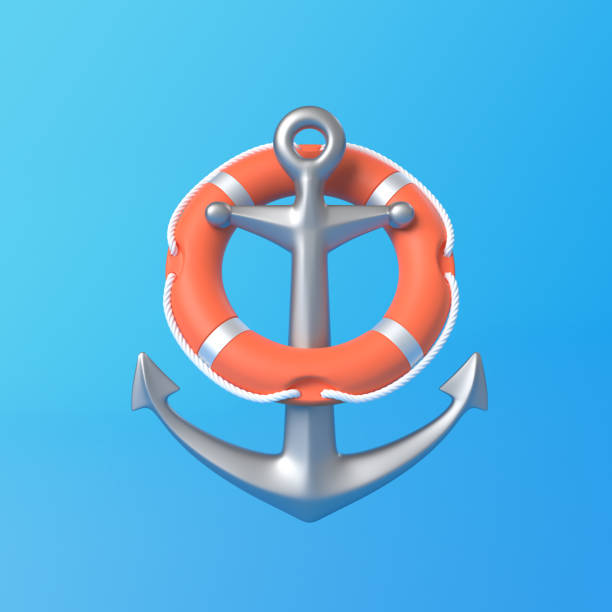 istock Anchor and lifebuoy on a blue background 1422625279
