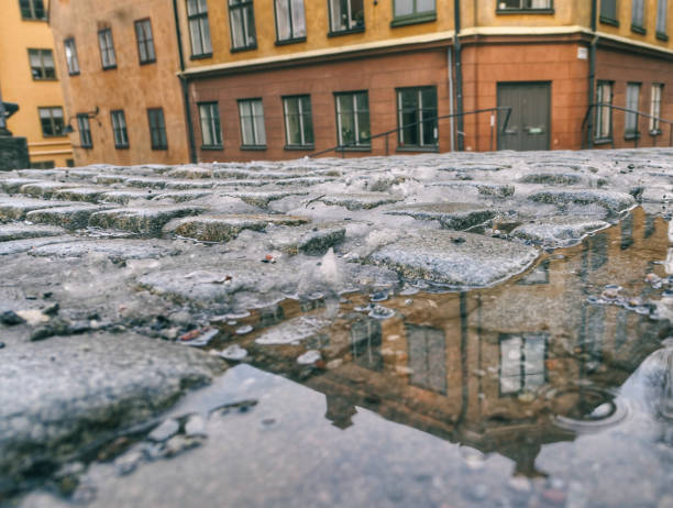istock Puddle on cobblestone street in city 1422626198