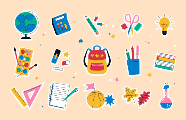 illustrations, cliparts, dessins animés et icônes de une collection de badges de rentrée scolaire amusants et à la mode pour les élèves avec des fournitures scolaires. un ensemble d’autocollants, d’icônes. style de dessin animé plat. illustration vectorielle - office supply pen pencil writing instrument