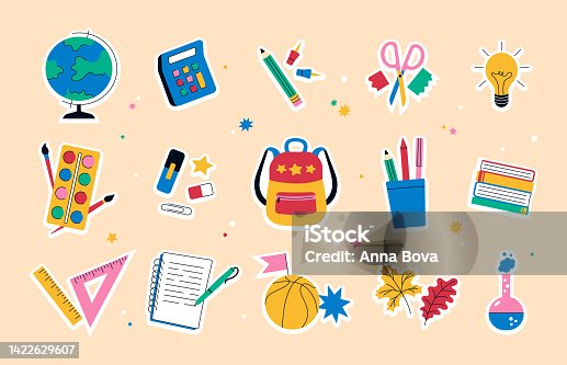 istock A collection of funny trendy bright Back to School badges for students with school supplies. A set of stickers, icons. Flat cartoon style. Vector illustration 1422629607