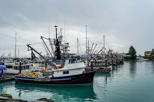 Commercial fishing trawlers as well as private recreational boats are at Prince William Sound harbor in Valdez, Alaska, USA.