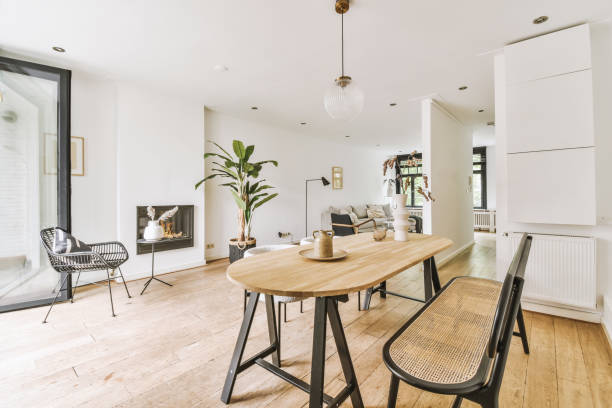 istock Cozy dining area under a spherical chandelier 1422640150