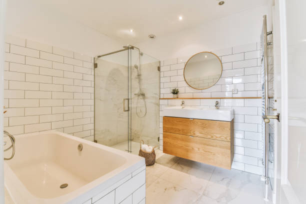 istock Modern spacious bathroom with white brick tiles 1422640161