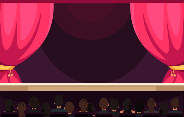 観客のための開いた赤いカーテンと椅子、アートパフォーマンスを備えた劇場の空のステージ - curtain movie theater stage theatrical performance点のイラスト素材／クリップアート素材／マンガ素材／アイコン素材