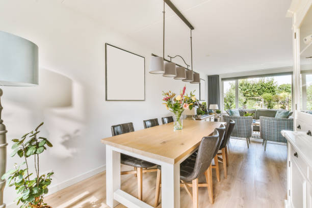 istock A minimalist dining area in a modern house with a chandelier 1422644410