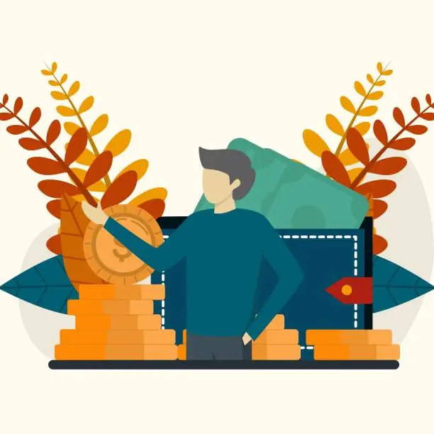 Vector illustration of Investors or entrepreneurs earn income. man with piles of cash, sacks and wallets. Vector illustration for finance, money, financial success, profit, business concept