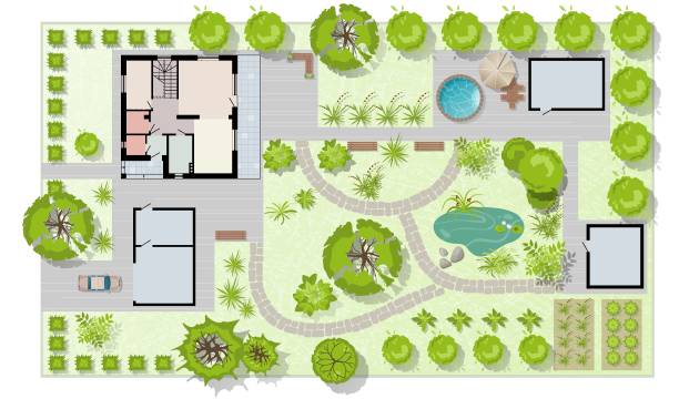 istock Top view landscape design plan with house, courtyard, lawn, garage. Highly detailed plan of country with modern cottage of villa with pond, pool. Vector illustration of Cityscape, Map of town, village 1422645788