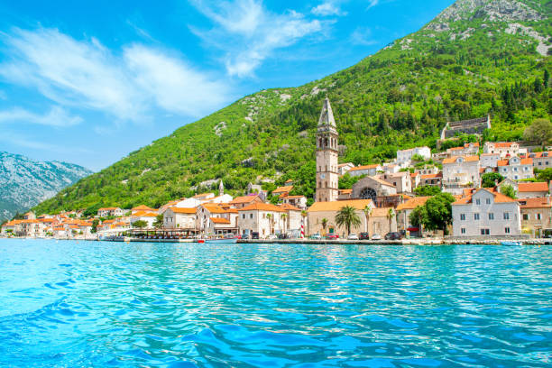 Beautiful summer landscape with the historic town of Perast, Montenegro stock photo