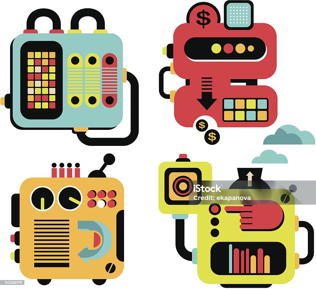 Cartoon machines. Cartoon machines. Vector illustration of different cute robots and equipment. Bolt - Fastener stock vector
