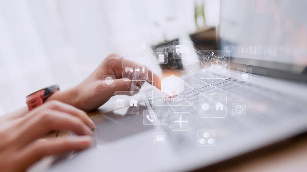 istock Businesswoman using a computer show workflow for logistic service modern for export and import, warehouse business, transport, Box storage, distribution, cargo delivery concept. 1422657494