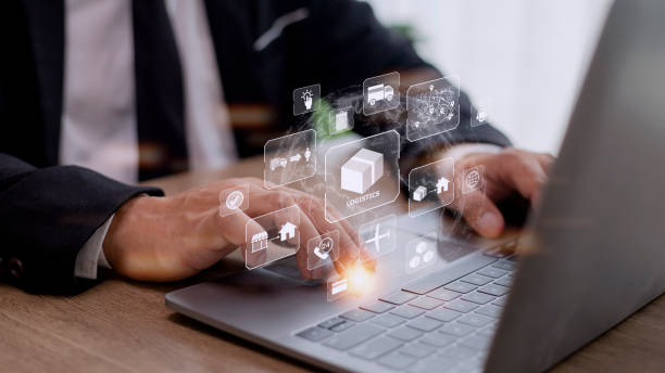 istock Businessman using a laptop show workflow for global logistic service modern for export and import, warehouse business, transport, Box storage, distribution, cargo delivery concept. 1422657501