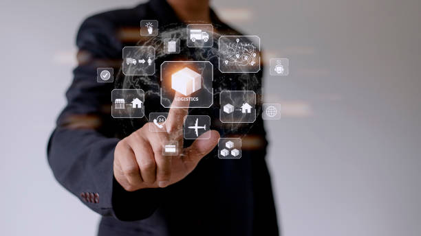 istock Businessman touching workflow for global logistic service modern for export and import, warehouse business, transport, Box storage, distribution, cargo delivery concept. 1422657530