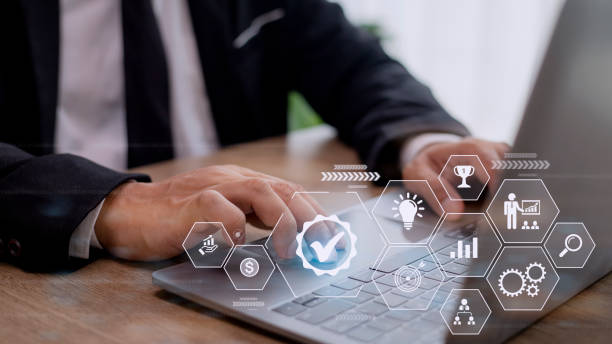 istock Business process management concept. Businessman touch on virtual innovation Operations management gears icons, High quality control , Problem solving, workflow, monitoring and innovation. 1422657705