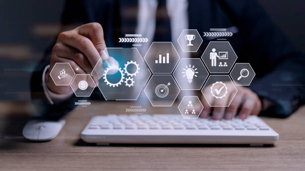 istock Business process management concept. Businessman touch on virtual innovation Operations management gears icons, High quality control , Problem solving, workflow, monitoring and innovation. 1422657706