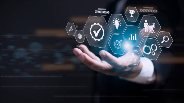 istock Business process management concept. Businessman touch on virtual innovation Operations management gears icons, High quality control , Problem solving, workflow, monitoring and innovation. 1422657707