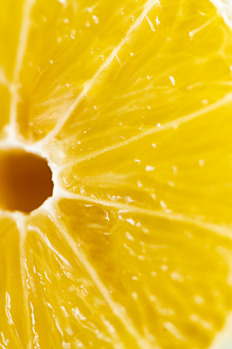This is a close up macro photograph of a yellow lemon slice with shallow depth of field.