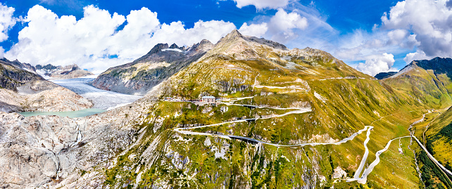 The Rhone Glacier and zig-zag road to Furka Pass in the Swiss Alps