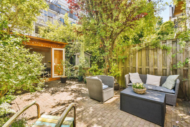 istock A spacious courtyard behind a residential building with a relaxation area 1422659135