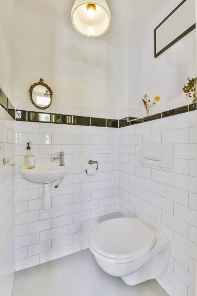 istock The interior of the bathroom is half finished with white brick 1422659140