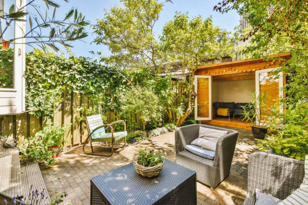 istock A spacious courtyard behind a residential building with a relaxation area 1422659151