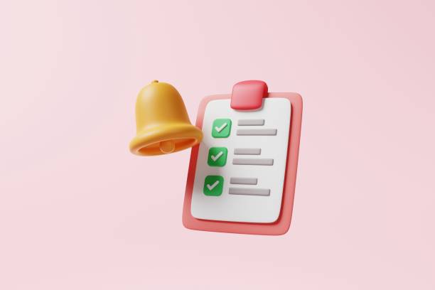 istock Pink clipboard with checklist paper sheet green checkbox correct check mark and alarm bell on pink background. Minimal completed checkmark choice box task list for business planning. 3d rendering 1422659410