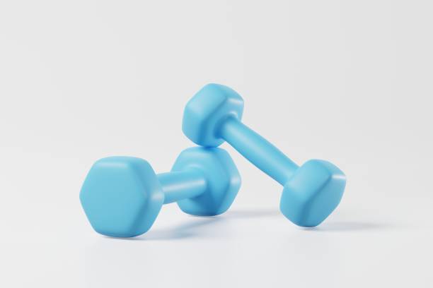 istock Minimal blue dumbbell isolated on white background. Weight training activity, bodybuilding exercise, daily gym and fitness, dieting for health, sport muscular building equipment concept. 3d rendering 1422659468