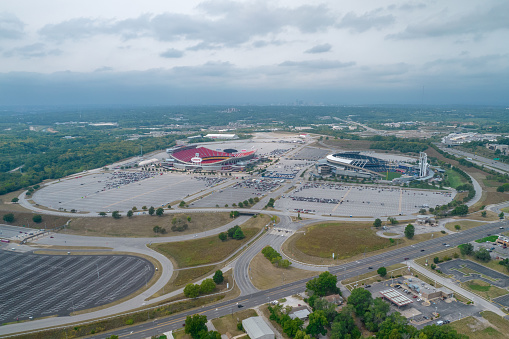 The USA, Kansas City, September 2022: Aerial view of the GEHA Field at Arrowhead Stadium and Aramark-Kauffman Stadium. The World Cup of soccer FIFA will be take in the USA, Canada and Mexico.