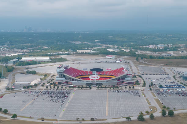 Aerial view of the GEHA Field at Arrowhead Stadium and Aramark-Kauffman Stadium. The World Cup of soccer FIFA will be take in the USA, Canada and Mexico. The USA, Kansas City, September 2022: Aerial view of the GEHA Field at Arrowhead Stadium and Aramark-Kauffman Stadium. The World Cup of soccer FIFA will be take in the USA, Canada and Mexico. stadium playing field grass fifa world cup stock pictures, royalty-free photos & images