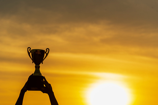 Winner win hands holding golden champion trophy cup prize. Silhouette best award victory hands trophy professional champion challenge team holding gold sport trophy cup. Win-Win sport team concept