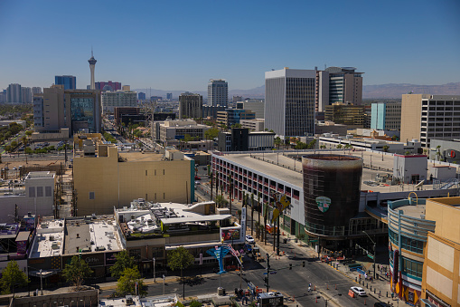 September 06, 2022 - Las Vegas, United States: A view of downtown Las Vegas from an elevated position. People can be seen walking and enjoying the views on the streets down below.