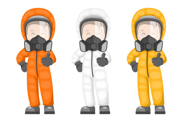 istock Industrial worker with protective suit and respirator mask for toxic, radioactive and biological materials. Industrial safety and occupational health at work 1422667880