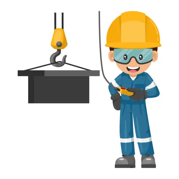 Vector illustration of Industrial construction worker using an overhead crane to move a piece of metal. Worker with his personal protective equipment. Industrial safety and occupational health at work